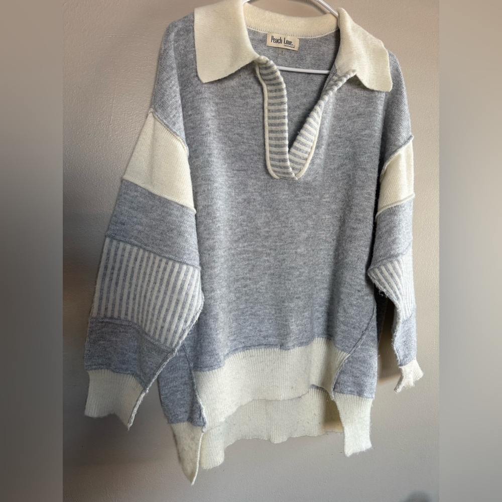 Peach Love California Striped Gray and Cream Sweater - Picture 7 of 9